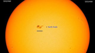 An orange/yelow image of the sun with a sunspot near the center. Seven scale-sized Earths are lined up next to the sunspot to show its enormity. 